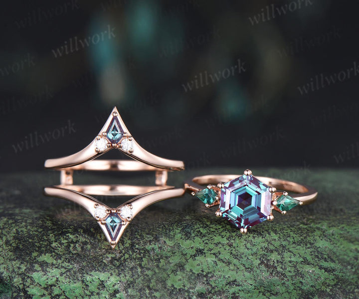 Hexagon cut Alexandrite engagement ring kite emerald three stone 6 prong enhancer wedding bridal ring set