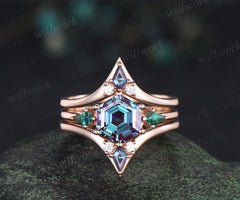 Hexagon cut Alexandrite engagement ring kite emerald three stone 6 prong enhancer wedding bridal ring set