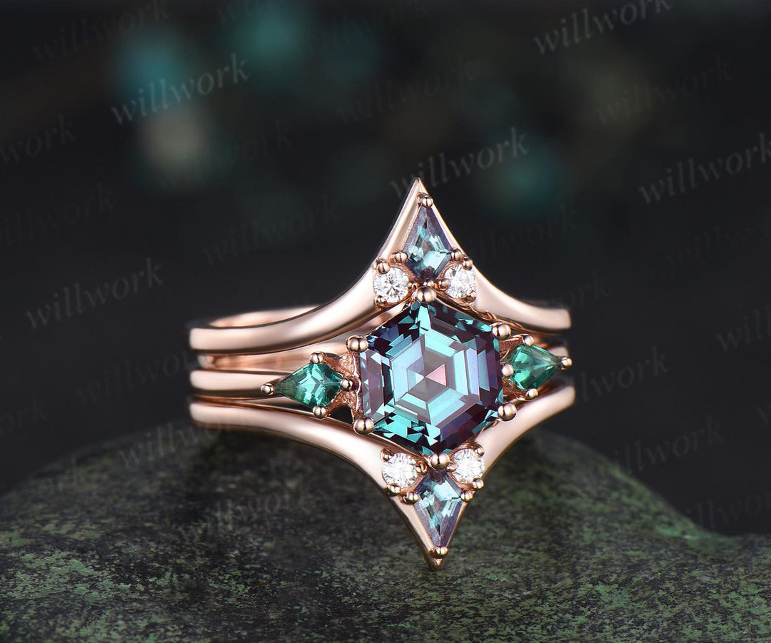 Hexagon cut Alexandrite engagement ring kite emerald three stone 6 prong enhancer wedding bridal ring set