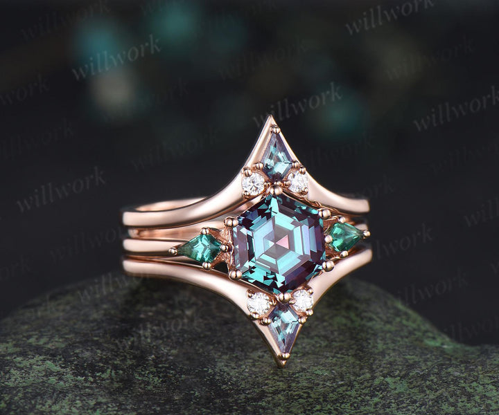 Hexagon cut Alexandrite engagement ring kite emerald three stone 6 prong enhancer wedding bridal ring set