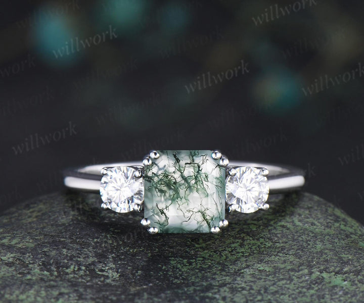 Asscher cut natural moss agate ring 8 prong minimalist three stone engagement ring moissanite wedding promise ring her