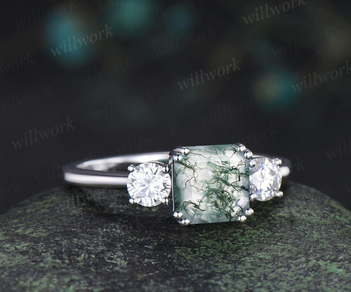 Asscher cut natural moss agate ring 8 prong minimalist three stone engagement ring moissanite wedding promise ring her