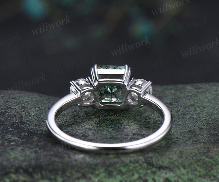 Asscher cut natural moss agate ring 8 prong minimalist three stone engagement ring moissanite wedding promise ring her