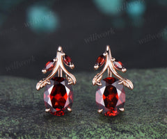 Oval cut red garnet earrings vintage leaf marquise drop earrings women anniversary gift jewelry