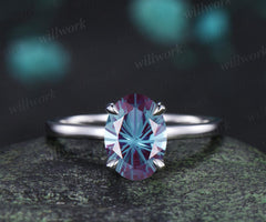2ct oval fireworks cut Alexandrite engagement ring solitaire minimalist color change gemstone wedding ring gift women