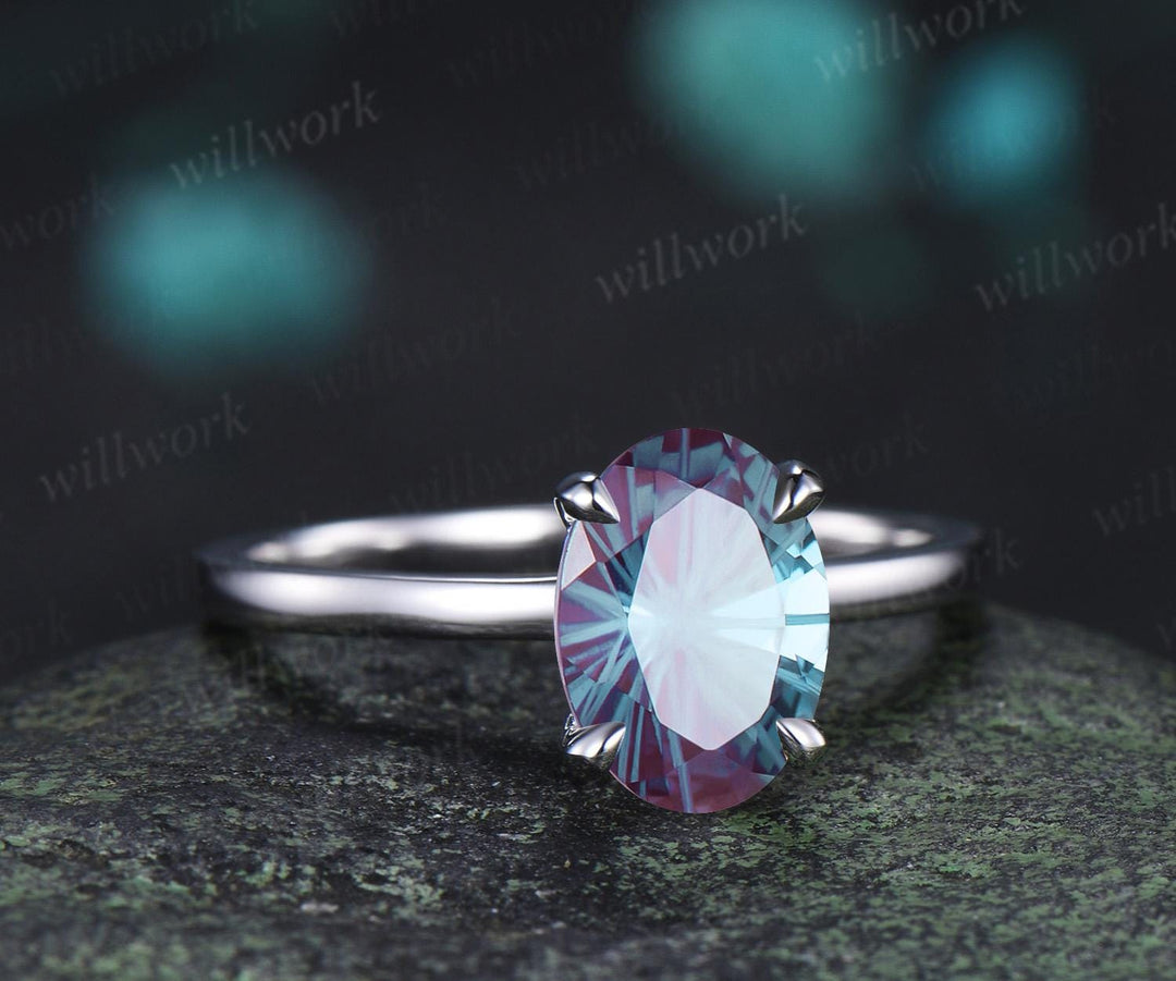 2ct oval fireworks cut Alexandrite engagement ring solitaire minimalist color change gemstone wedding ring gift women