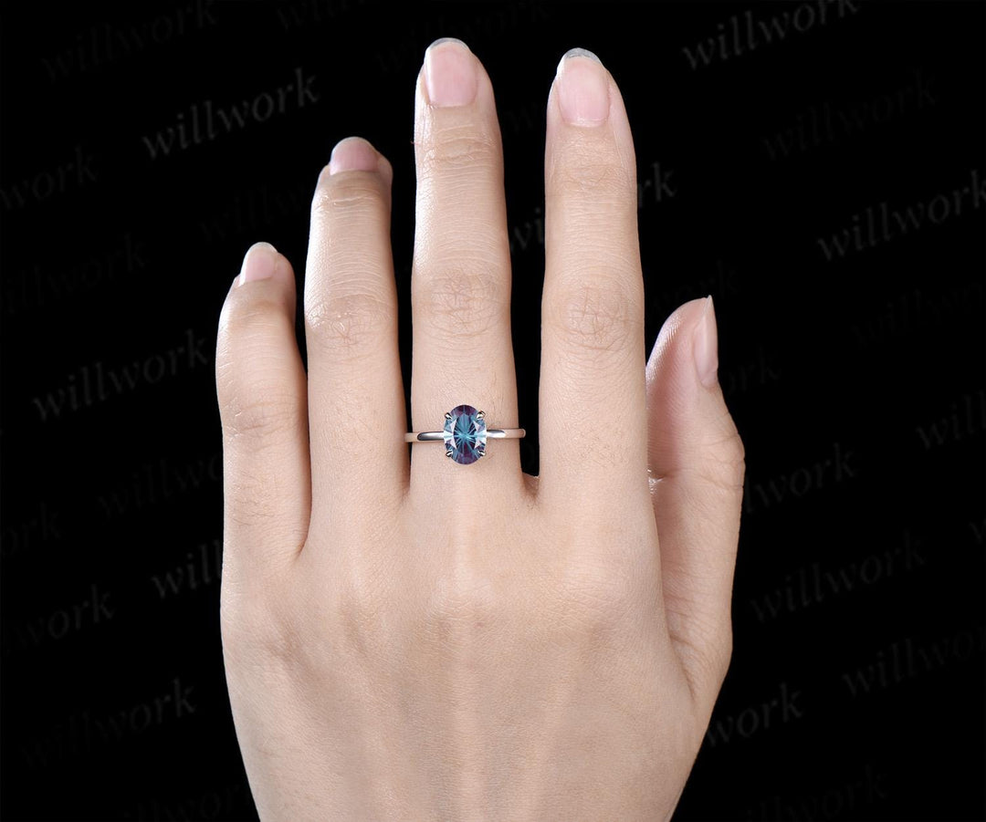 2ct oval fireworks cut Alexandrite engagement ring solitaire minimalist color change gemstone wedding ring gift women