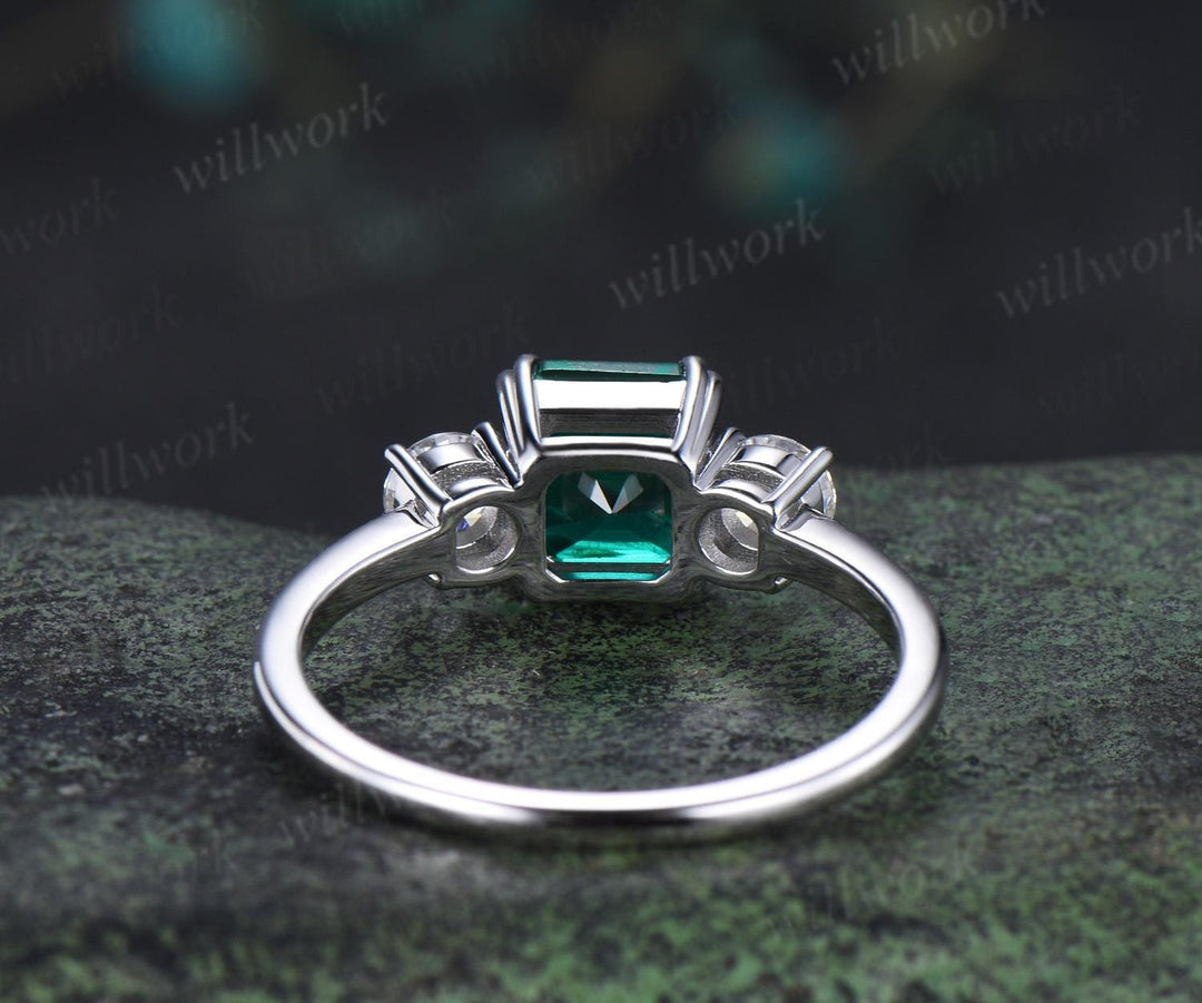 Asscher cut green emerald ring white gold 8 prong minimalist three stone engagement ring moissanite anniversary ring gift women