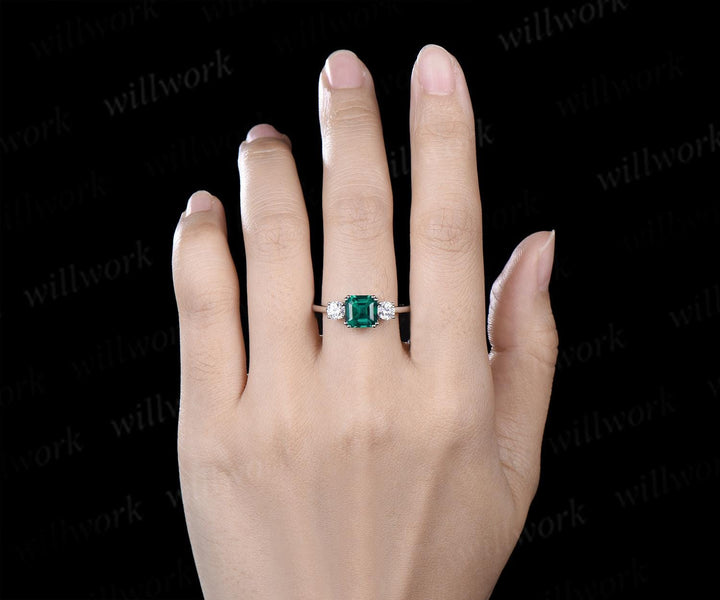 Asscher cut green emerald ring white gold 8 prong minimalist three stone engagement ring moissanite anniversary ring gift women