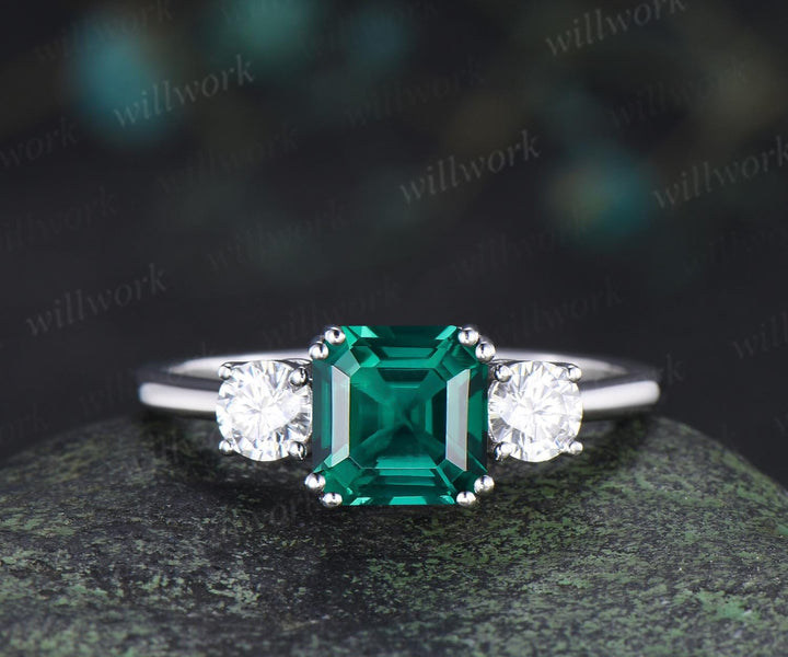 Asscher cut green emerald ring white gold 8 prong minimalist three stone engagement ring moissanite anniversary ring gift women