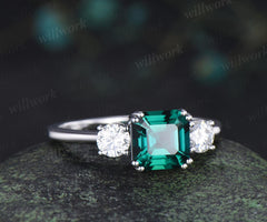 Asscher cut green emerald ring white gold 8 prong minimalist three stone engagement ring moissanite anniversary ring gift women