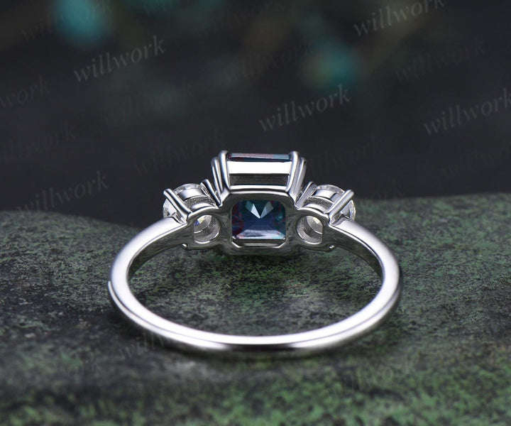 Asscher cut Alexandrite ring 8 prong minimalist three stone engagement ring moissanite anniversary ring gift women
