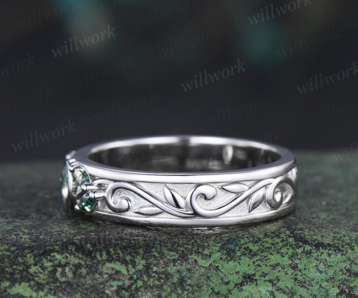 Bezel marquise oval moss agate wedding band men five stone leaf bridal ring women