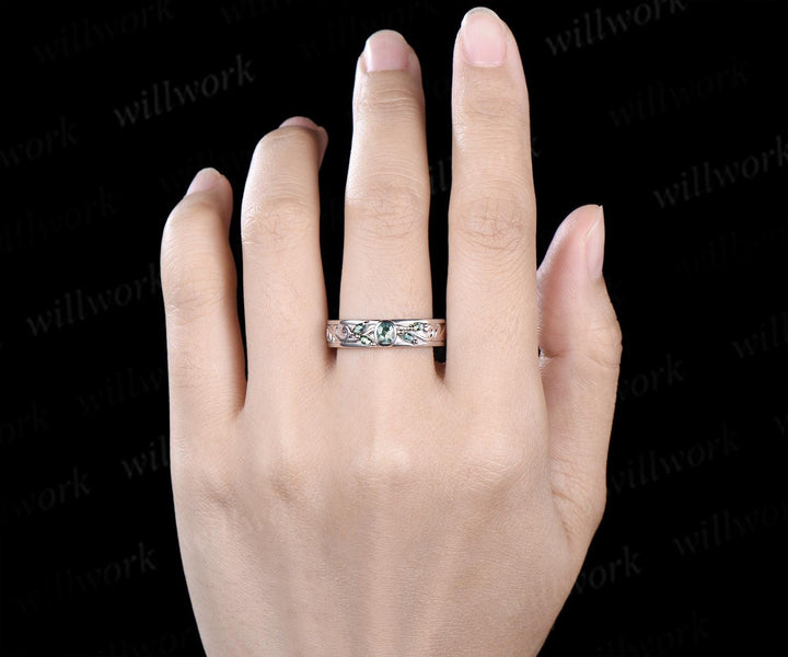 Bezel marquise oval moss agate wedding band men five stone leaf bridal ring women