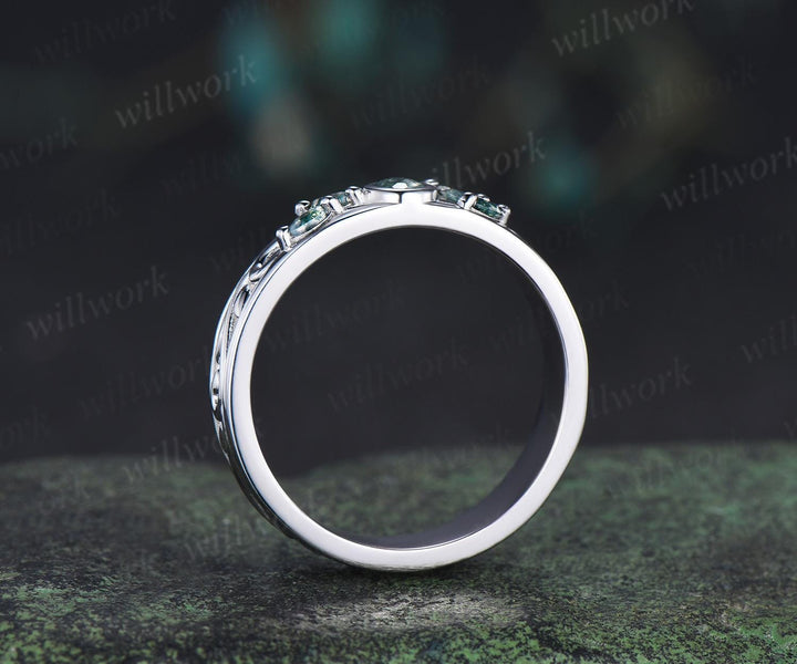 Bezel marquise oval moss agate wedding band men five stone leaf bridal ring women