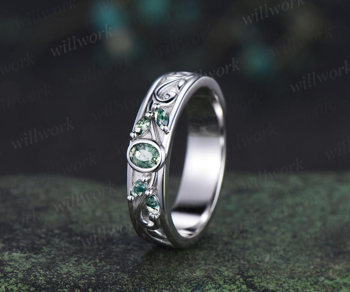 Bezel marquise oval moss agate wedding band men five stone leaf bridal ring women