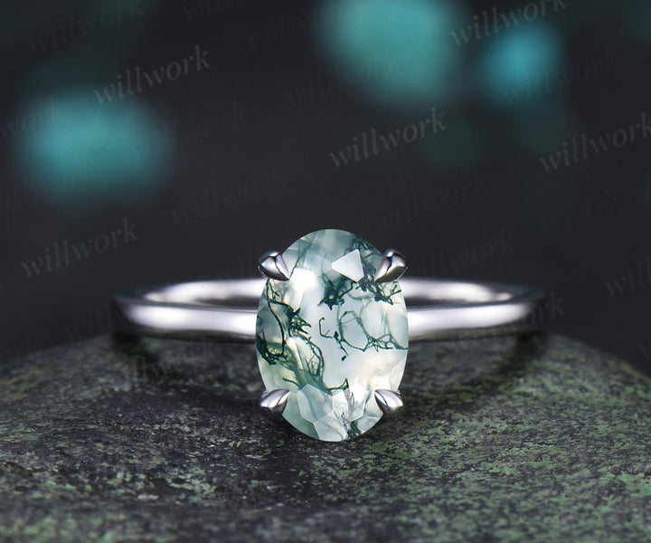 2ct oval cut natural moss agate engagement ring solitaire minimalist claw prong promise wedding ring gift for her