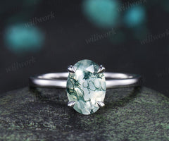 2ct oval cut natural moss agate engagement ring solitaire minimalist claw prong promise wedding ring gift for her