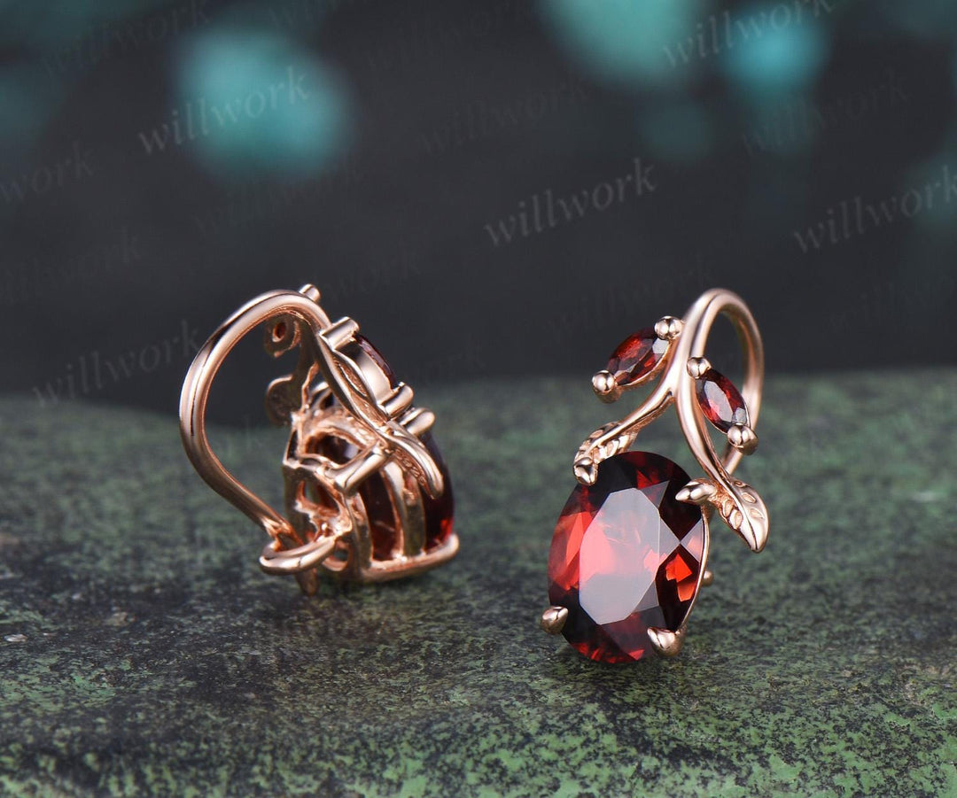 Oval cut red garnet earrings vintage leaf marquise drop earrings women anniversary gift jewelry
