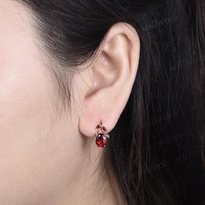 Oval cut red garnet earrings vintage leaf marquise drop earrings women anniversary gift jewelry