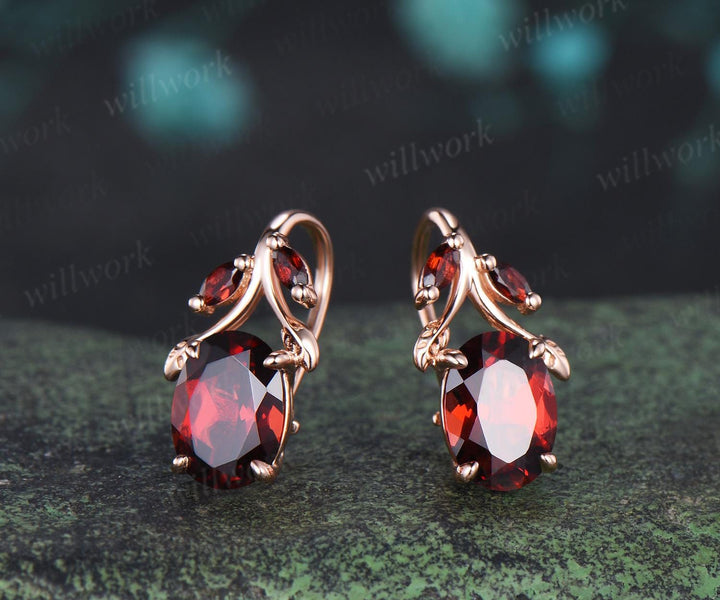 Oval cut red garnet earrings vintage leaf marquise drop earrings women anniversary gift jewelry