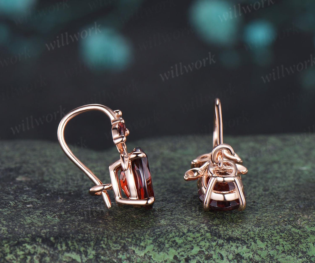 Oval cut red garnet earrings vintage leaf marquise drop earrings women anniversary gift jewelry