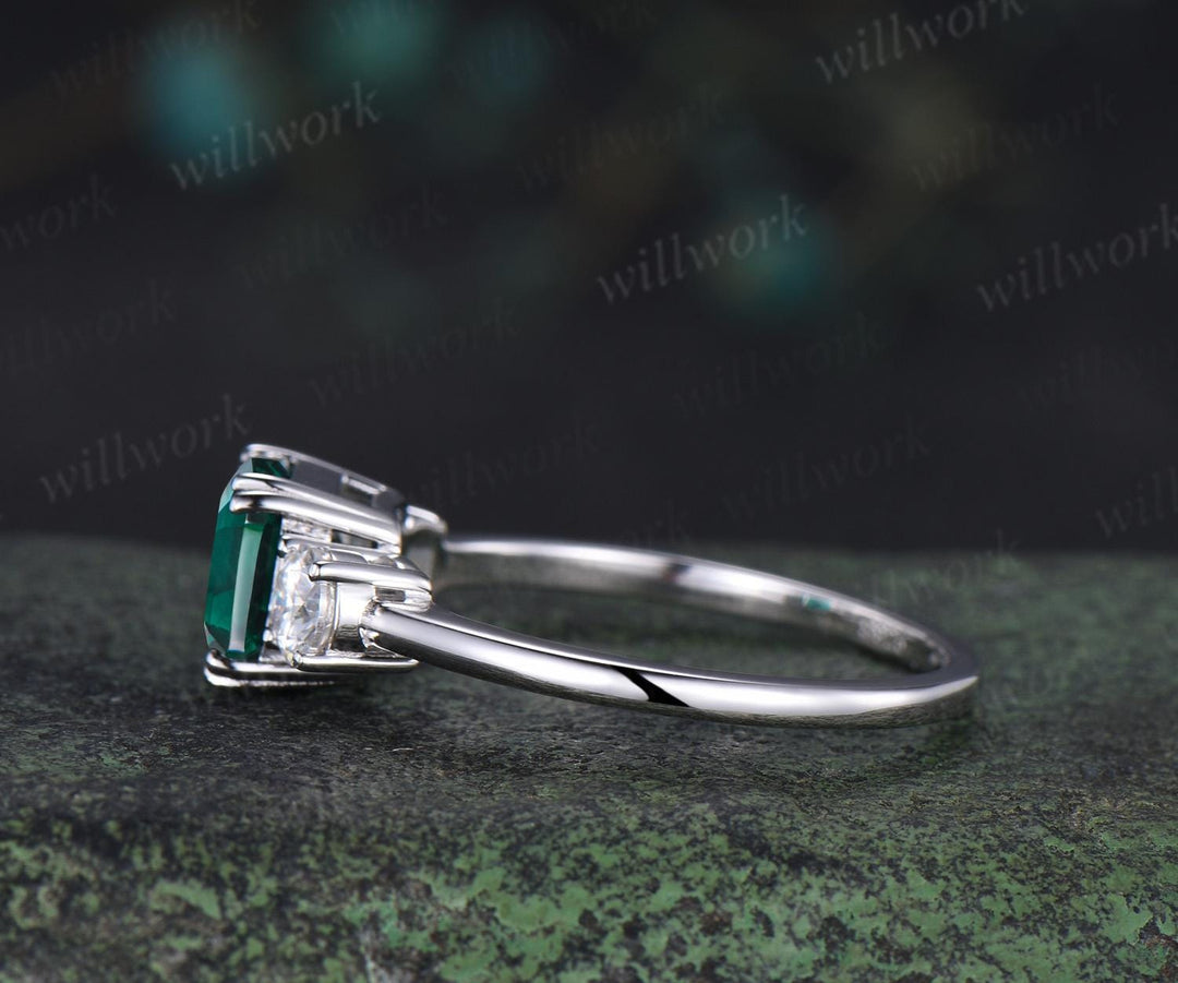 Asscher cut green emerald ring white gold 8 prong minimalist three stone engagement ring moissanite anniversary ring gift women