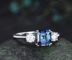 Asscher cut Alexandrite ring 8 prong minimalist three stone engagement ring moissanite anniversary ring gift women