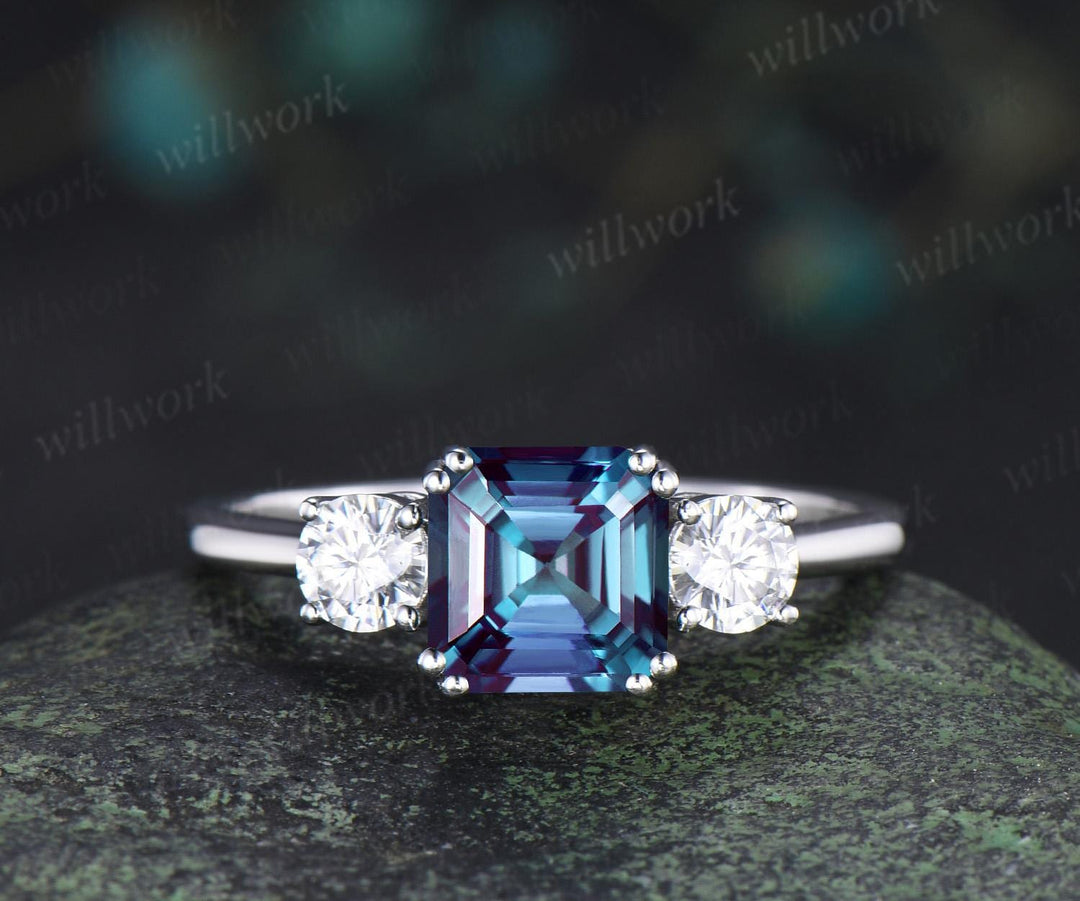 Asscher cut Alexandrite ring 8 prong minimalist three stone engagement ring moissanite anniversary ring gift women