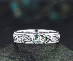 Bezel marquise oval moss agate wedding band men five stone leaf bridal ring women