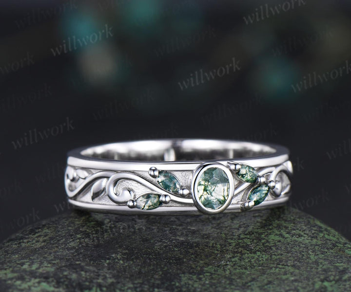 Bezel marquise oval moss agate wedding band men five stone leaf bridal ring women