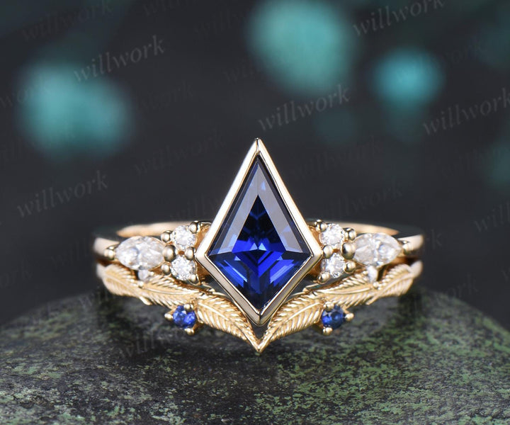 Bezel blue sapphire engagement ring leaf cluster moissanite stacking promise wedding ring set retro jewelry