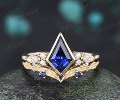 Bezel blue sapphire engagement ring leaf cluster moissanite stacking promise wedding ring set retro jewelry