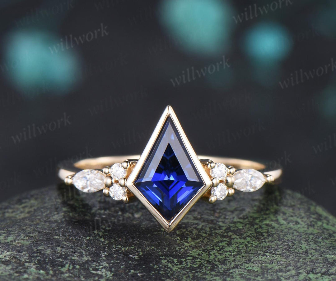 Bezel blue sapphire engagement ring leaf cluster moissanite stacking promise wedding ring set retro jewelry