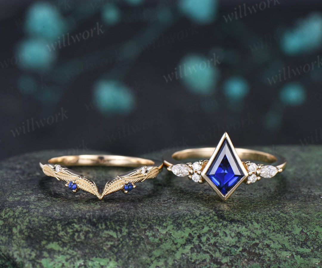 Bezel blue sapphire engagement ring leaf cluster moissanite stacking promise wedding ring set retro jewelry