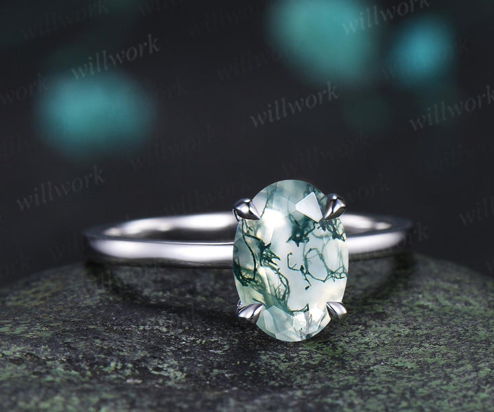 2ct oval cut natural moss agate engagement ring solitaire minimalist claw prong promise wedding ring gift for her