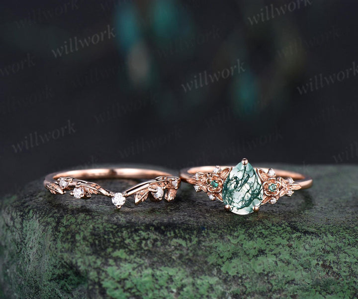 Vintage pear green moss agate engagement ring solid 14k rose gold leaf floral unique cluster emerald art deco wedding ring set women