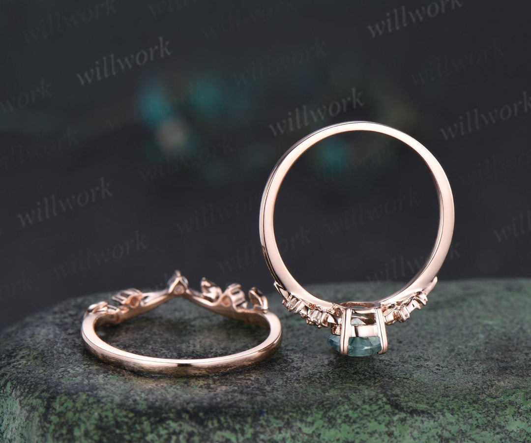 Vintage pear green moss agate engagement ring solid 14k rose gold leaf floral unique cluster emerald art deco wedding ring set women