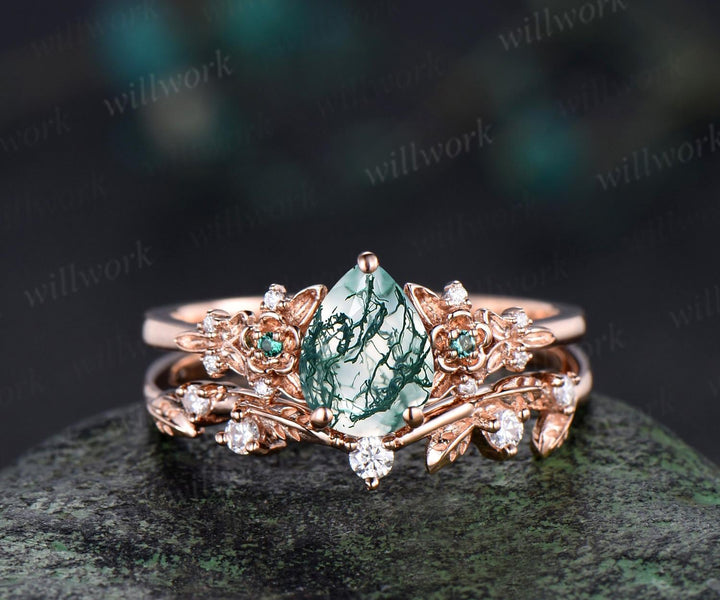 Vintage pear green moss agate engagement ring solid 14k rose gold leaf floral unique cluster emerald art deco wedding ring set women