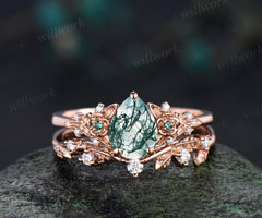 Vintage pear green moss agate engagement ring solid 14k rose gold leaf floral unique cluster emerald art deco wedding ring set women