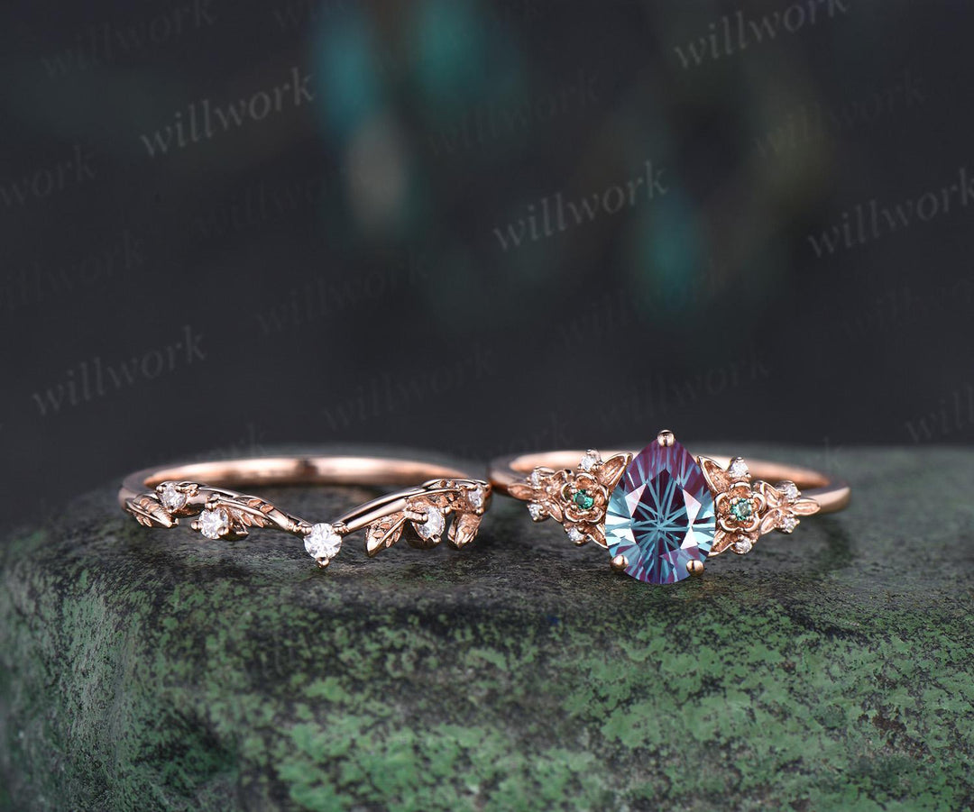 Vintage pear fireworks cut alexandrite engagement ring solid 14k rose gold leaf floral unique cluster emerald wedding ring set women