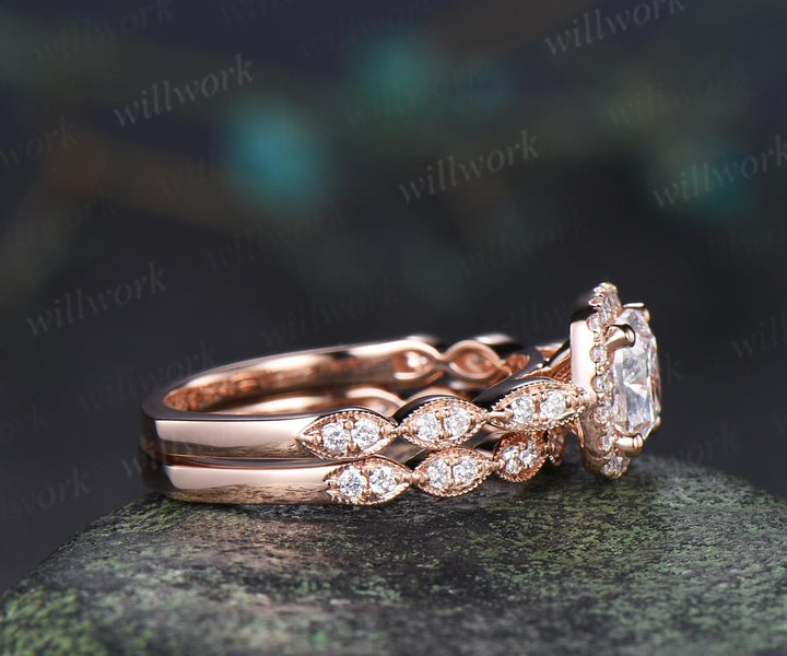 Cushion cut lab grown diamond engagement ring vintage halo marquise half eternity milgrain moissanite wedding promise ring set women