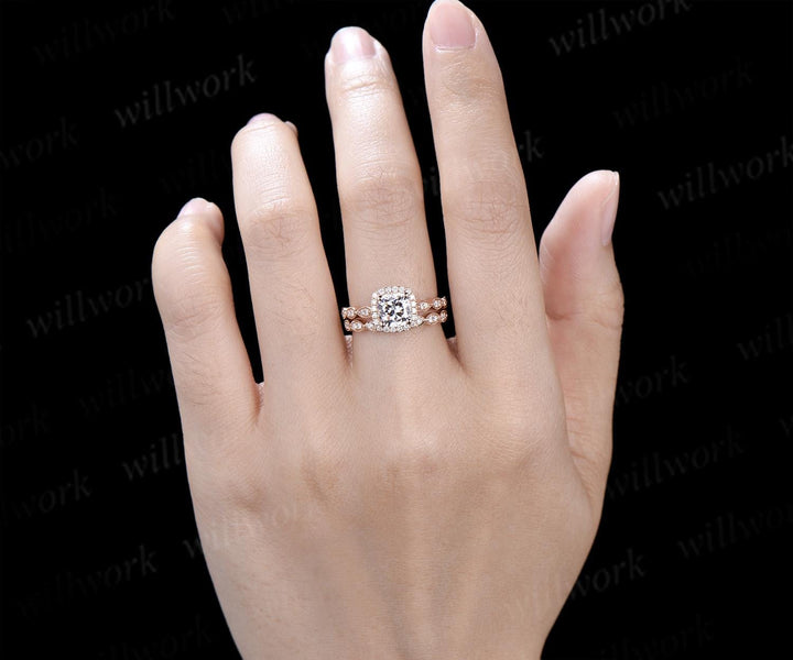 Cushion cut lab grown diamond engagement ring vintage halo marquise half eternity milgrain moissanite wedding promise ring set women
