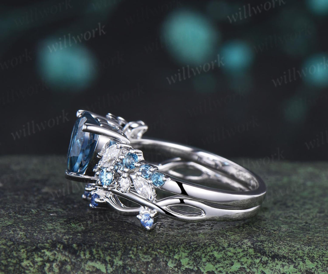 Heart shaped London blue topaz engagement ring set cluster Swiss blue topaz natural cornflower Sapphire ring white gold promise ring jewelry