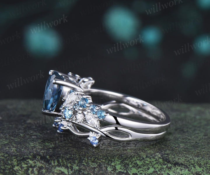 Heart shaped London blue topaz engagement ring set cluster Swiss blue topaz natural cornflower Sapphire ring white gold promise ring jewelry