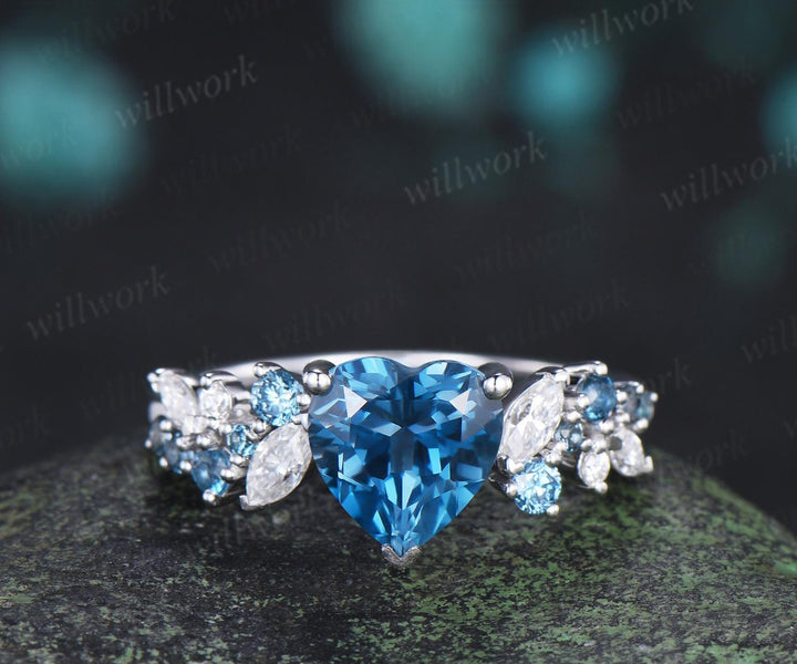 Heart shaped London blue topaz engagement ring set cluster Swiss blue topaz natural cornflower Sapphire ring white gold promise ring jewelry