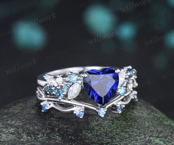 Heart shaped blue sapphire engagement ring set cluster Swiss blue topaz cornflower Sapphire ring white gold wedding promise ring women