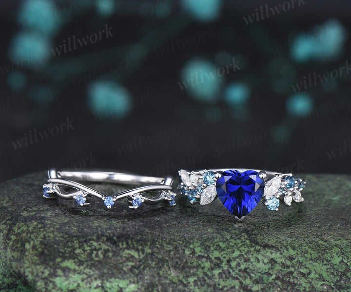 Heart shaped blue sapphire engagement ring set cluster Swiss blue topaz cornflower Sapphire ring white gold wedding promise ring women