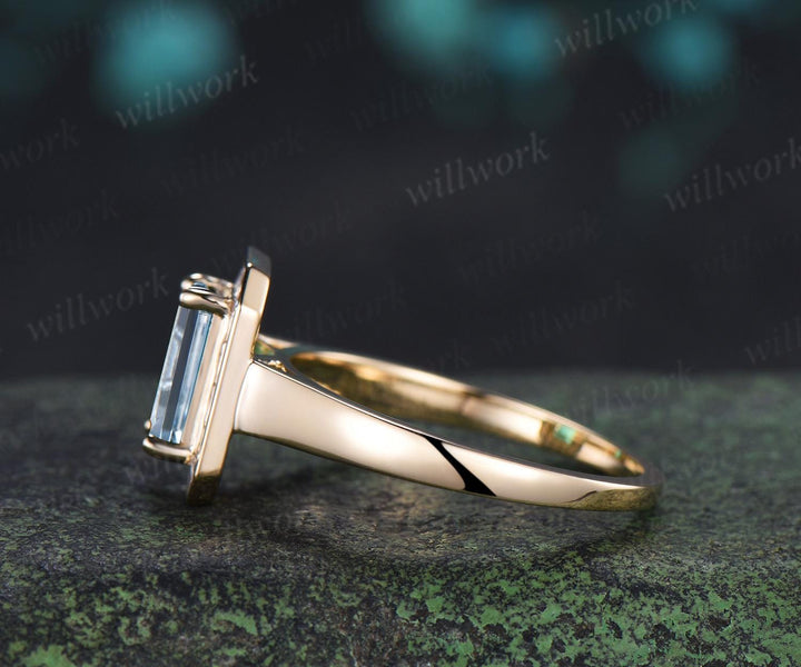 Emerald cut aquamarine engagement ring halo bezel baguette cut diamond wedding promise ring women 14k yellow gold jewelry