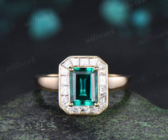 Emerald cut green emerald engagement ring halo bezel baguette cut diamond wedding promise ring jewelry 14k yellow gold women